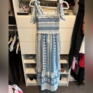 Blue and White Floral Tie-Shoulder Maxi Dress